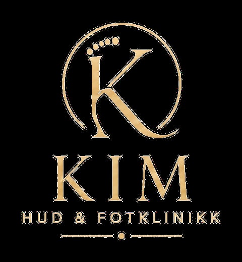 KIM Hud & Fotklinikk logo featuring a stylized K with a crown on a black background