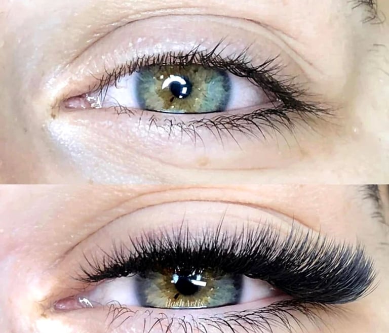 Before and after comparison of eye makeup application showing natural lashes versus enhanced lashes with mascara